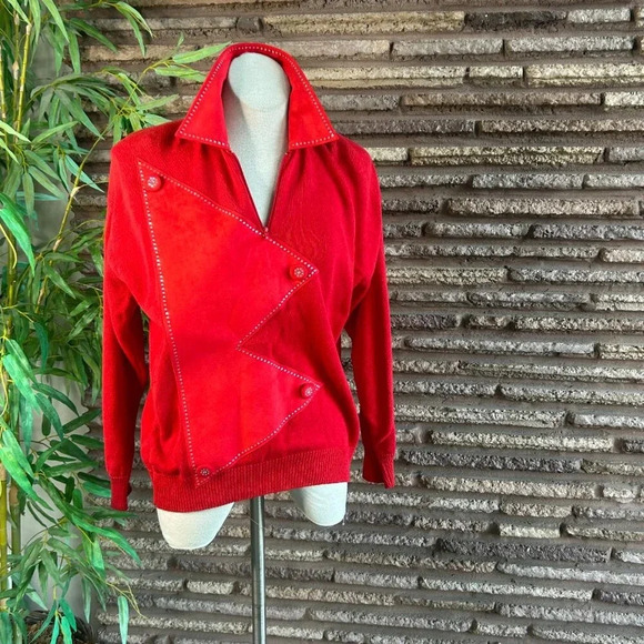 Vintage 80s Red Bling Collared 100% Cotton Sweater by RSB Size Large - Picture 2 of 9